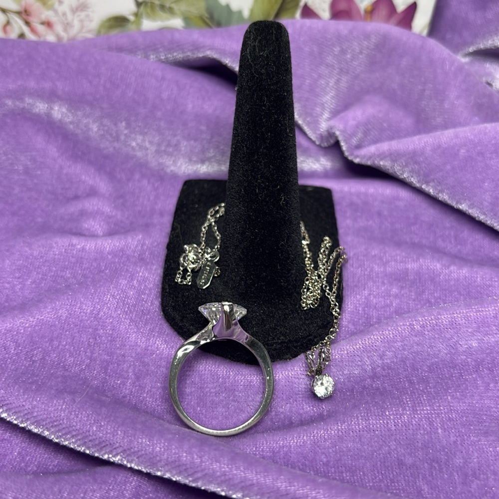 A SET - CZ solitaire ring & solitaire necklace-Ring Size 7- Necklace 16” A53/A58 - Picture 2 of 13